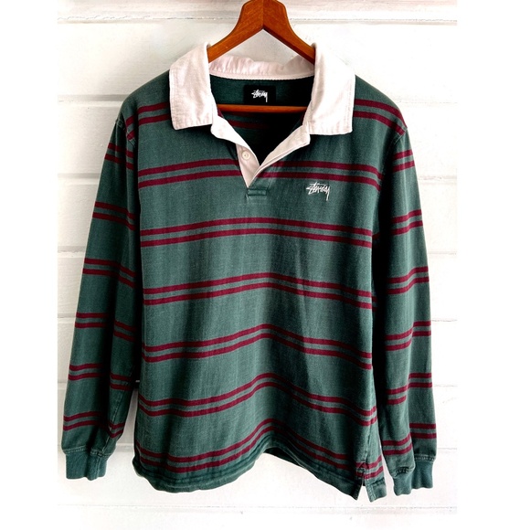 Stussy Green Striped Men's Polo Shirt - Picture 1 of 8